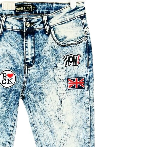 Rebel Love Women Distressed Patch Acid Wash Blue Skinny Stretch Jeans 13/14 NWT - Picture 5 of 12